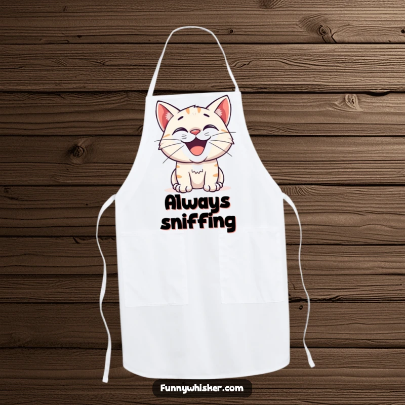 Funny apron depicting a cat with a wide, excited grin and twitching whiskers, ideal for kitchen use and adding humorous curiosity.