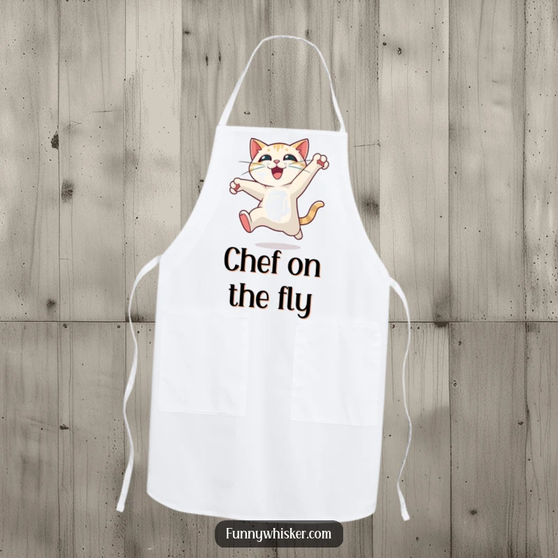 Funny cat apron showing a character leaping with exhilarating motion, whiskers spread wide, keeping you clean and amused during meal prep.