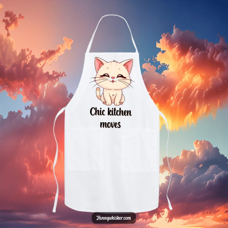 Funny kitchen apron with a cat sporting elegant whiskers in a silly pose. Humorous and practical, a great funny gift.