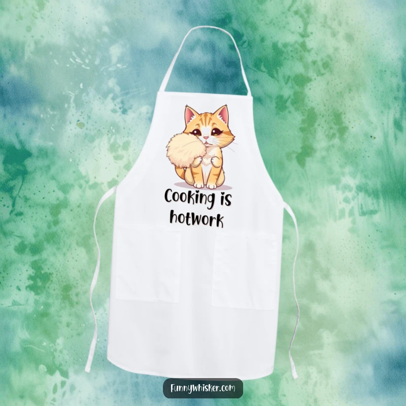 Funny apron of a dramatic cat fanning itself with a giant whisker, perfect for kitchen use and as a glamorous, humorous gift.