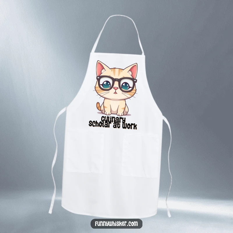 Funny cat wearing tiny spectacles perched precariously on its whiskers, making a humorous statement on a cooking apron.