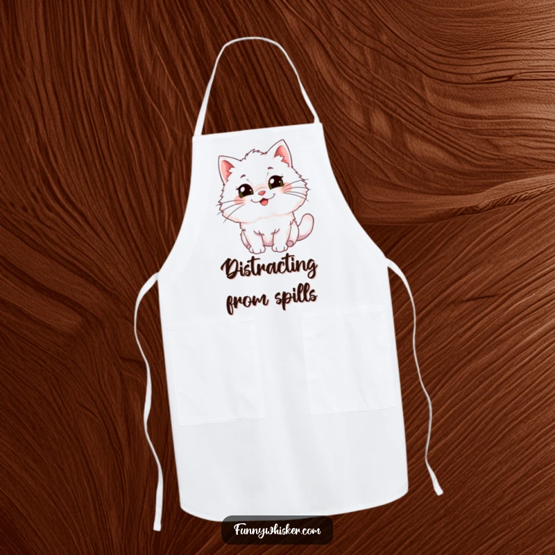 Funny Apron: A cheerful cat character with enormous, comical whiskers wiggling with glee while in the kitchen.