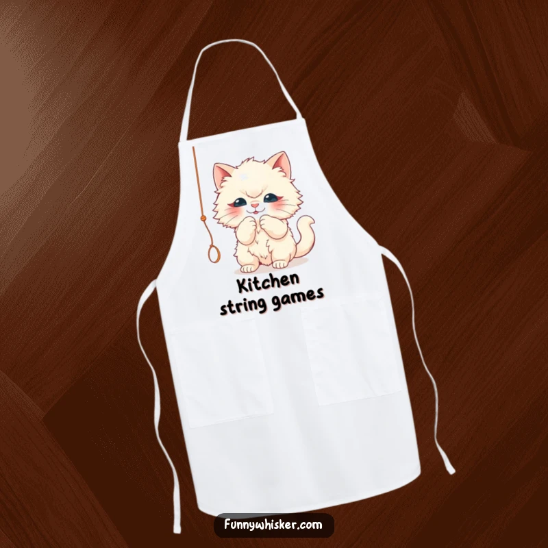 Funny kitchen apron with a fluffy cat character playfully batting a dangling string. Humorous and practical, a great funny gift.
