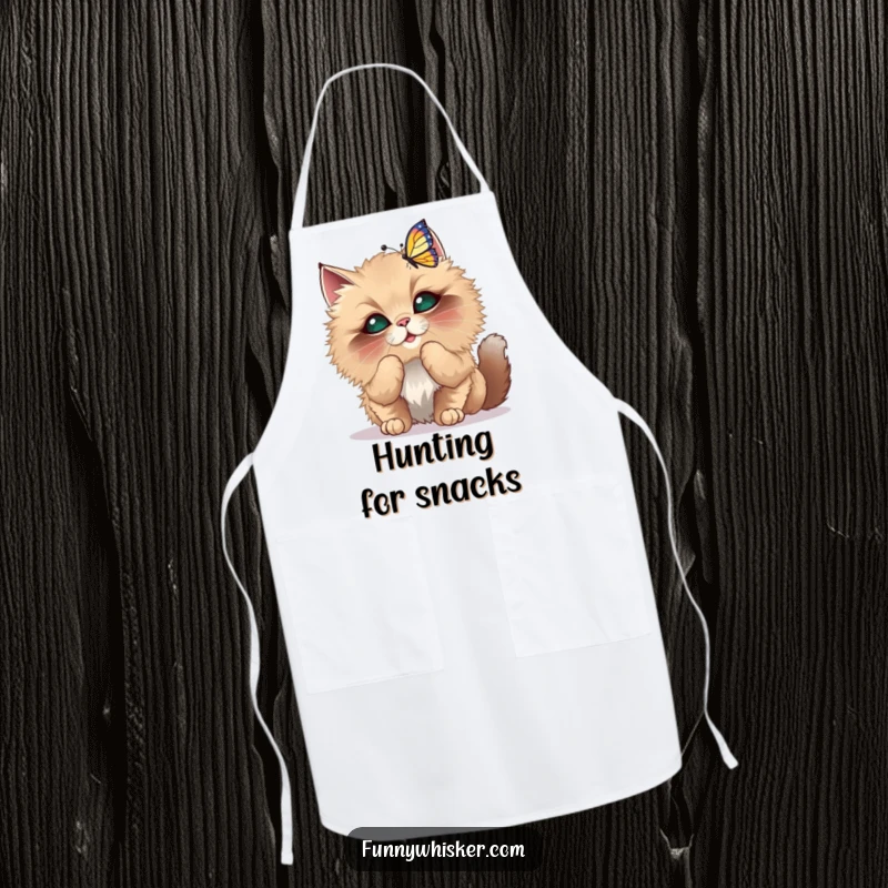 Funny Apron depicting a fluffy cat with oversized whiskers playfully batting at a dancing butterfly, for cooks.