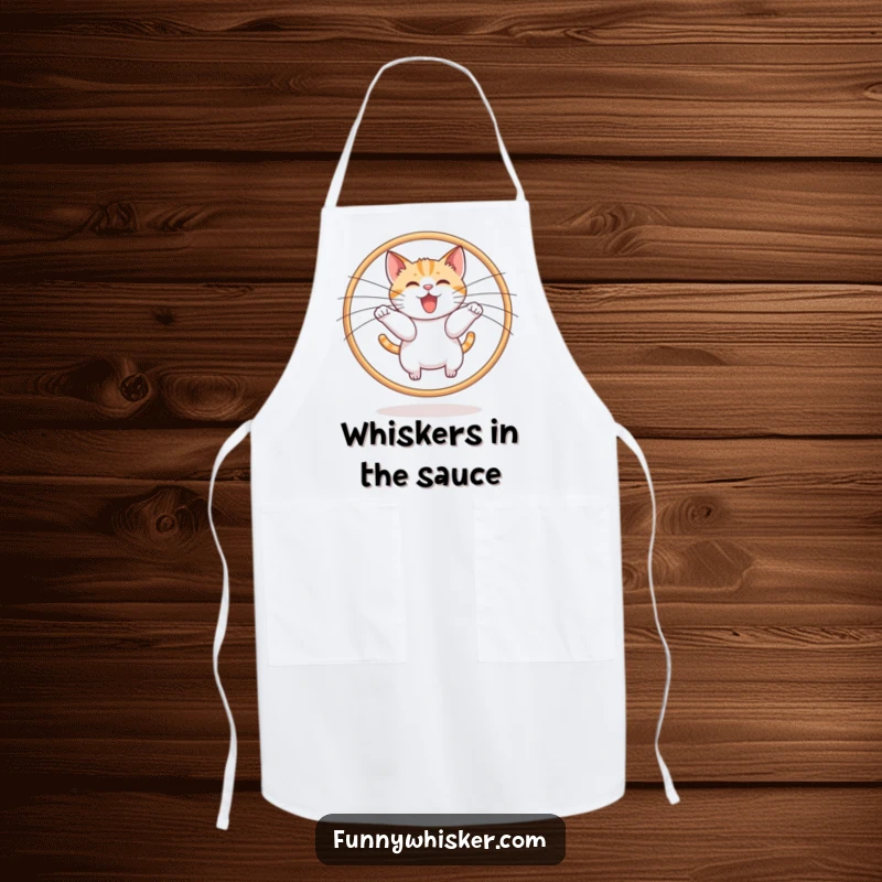 Funny cat leaping through a hoop made of whiskers on a kitchen apron, a cute funny gift.