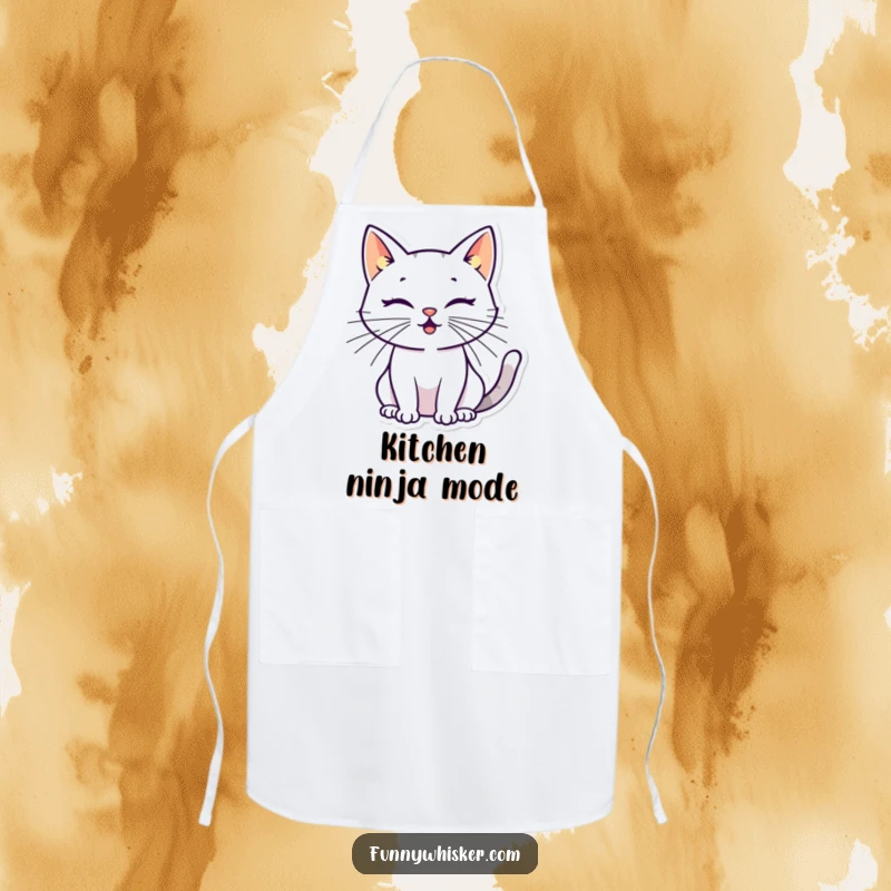 Funny cat apron depicting a stylized silhouette with oversized, energetic whiskers, designed for humorous and energetic cooking sessions.