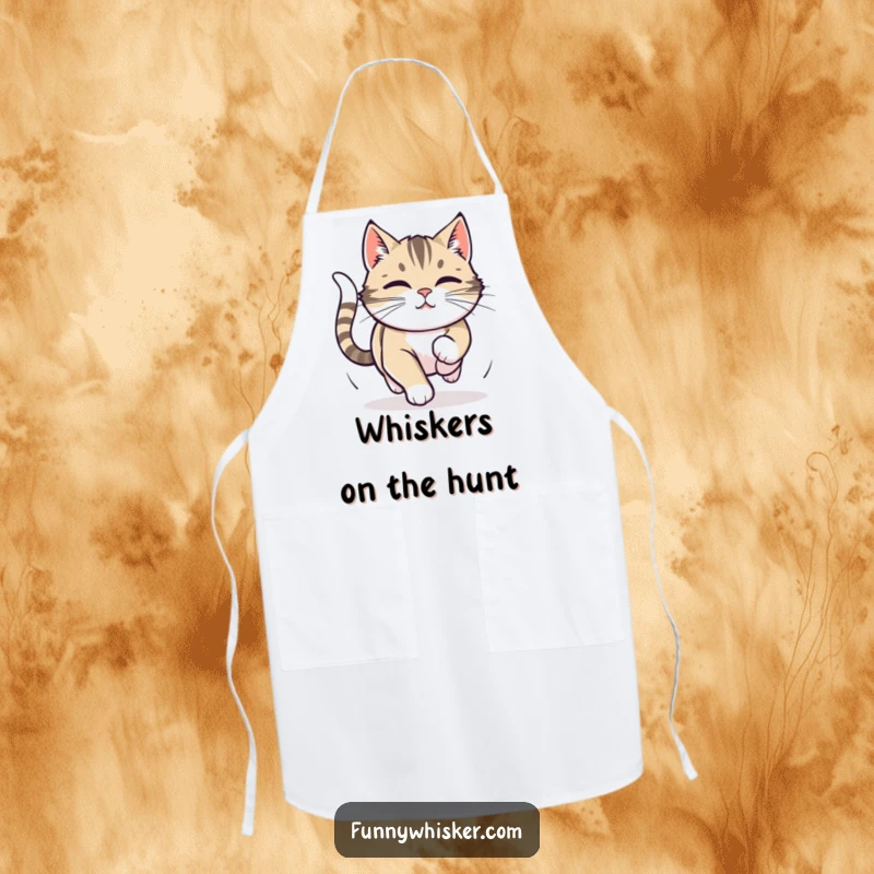 Funny apron showing a cat intently chasing its tail, whiskers twitching, perfect for focused kitchen endeavors.