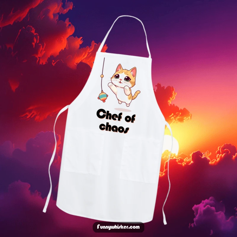 Funny Cat Apron: Cat with oversized, twitching whiskers leaps for a dangling toy, a humorous kitchen accessory.