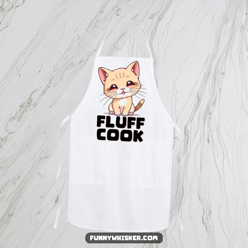 Funny cat apron featuring a tiny cat playfully batting at its own exaggerated whiskers, perfect for kitchen duty.