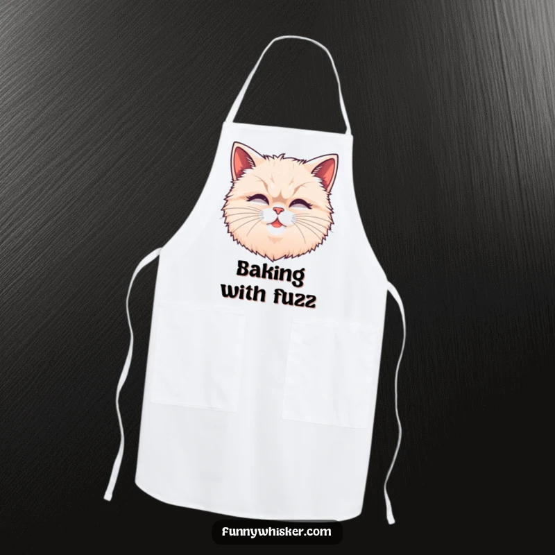 Funny fluffy cat head apron featuring exaggerated, wiggling whiskers, ready to add a touch of feline fun to culinary adventures.