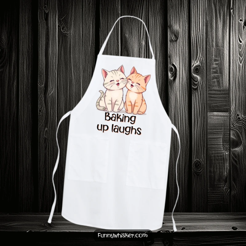 Funny apron with two cats, their exaggerated whiskers nearly touching, leaning in to share a gleeful, silent giggle while cooking.