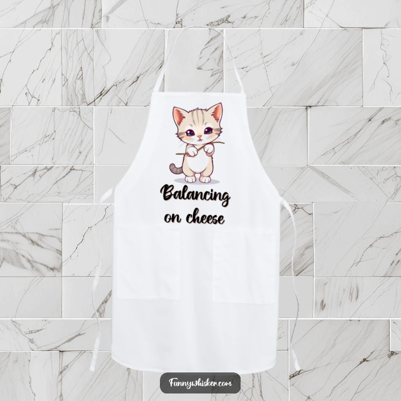 Funny kitten balancing on a wobbly whisker on a kitchen apron, a cute funny gift.
