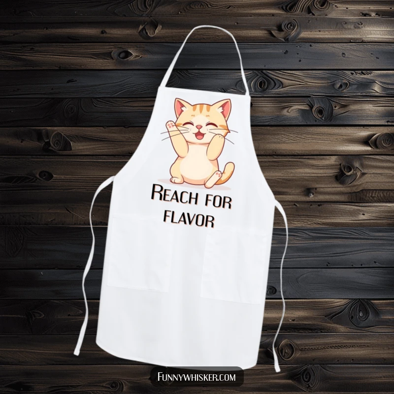 Funny apron featuring a cat mid-stretch, showcasing comically long whiskers, ideal for the kitchen.
