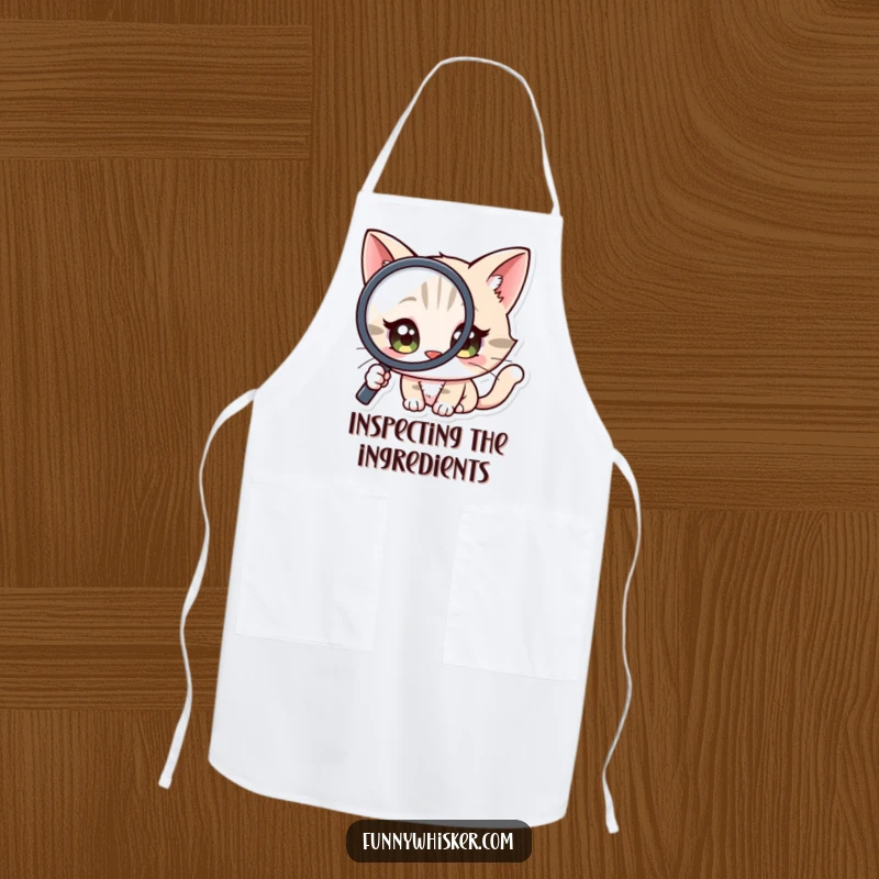 Funny Apron: A cat character with wide, curious eyes peering through a magnifying glass, examining ingredients.