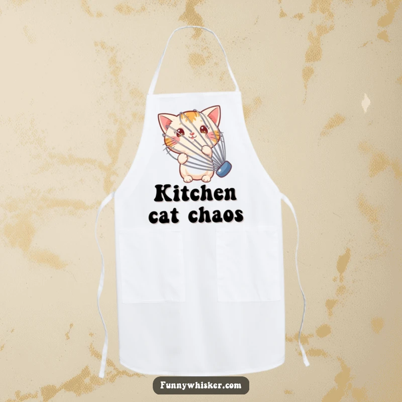 Funny apron with a small cat peeking from behind a huge whisk, perfect for adding humor to cooking.