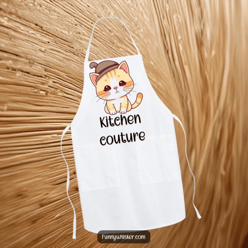 Funny cat apron showing a character in a silly hat that tilts due to twitching whiskers, a humorous and practical kitchen essential.