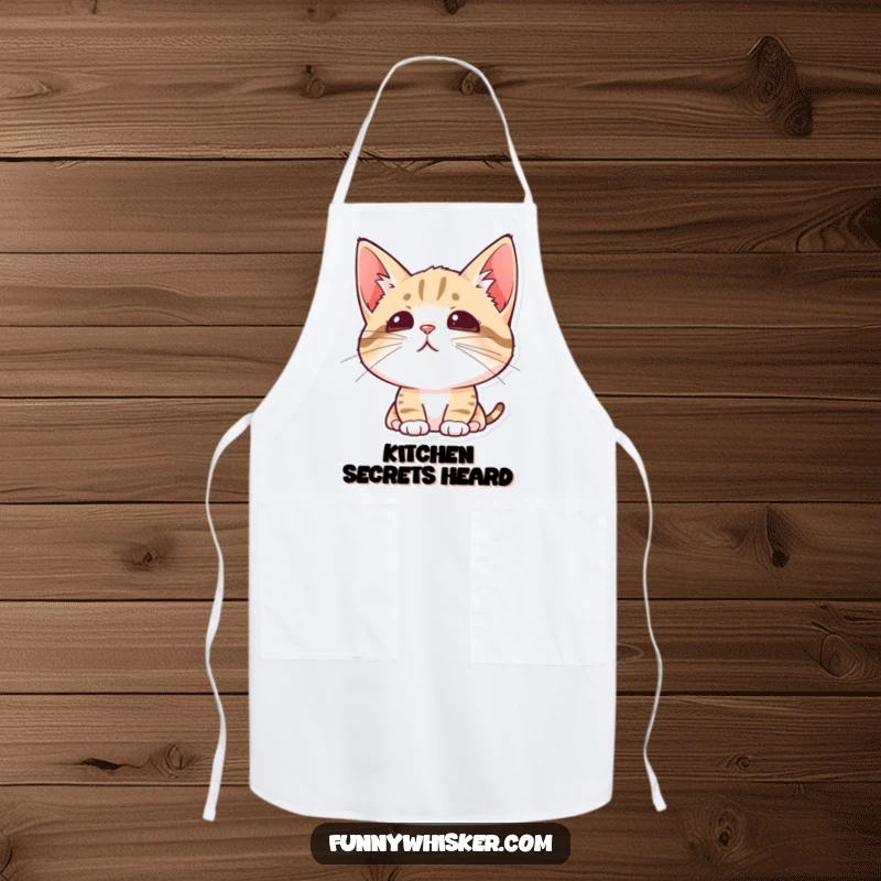 Funny apron featuring a cat with alert ears and twitching whiskers, ready to uncover kitchen secrets.