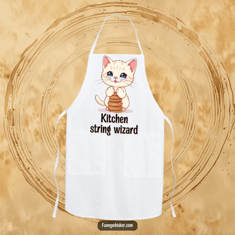 Funny apron showing a determined kitten attempting to balance a tower of strings while cooking, perfect for a humorous chef.