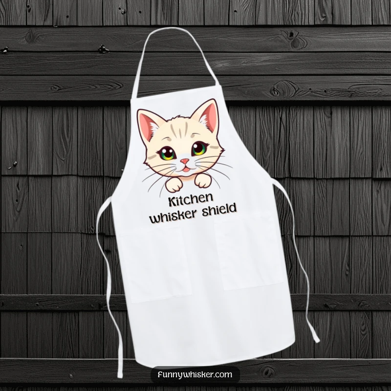 Funny apron, a cat character humorously peeking from behind large, feathery whiskers, adding playful charm to kitchen wear.