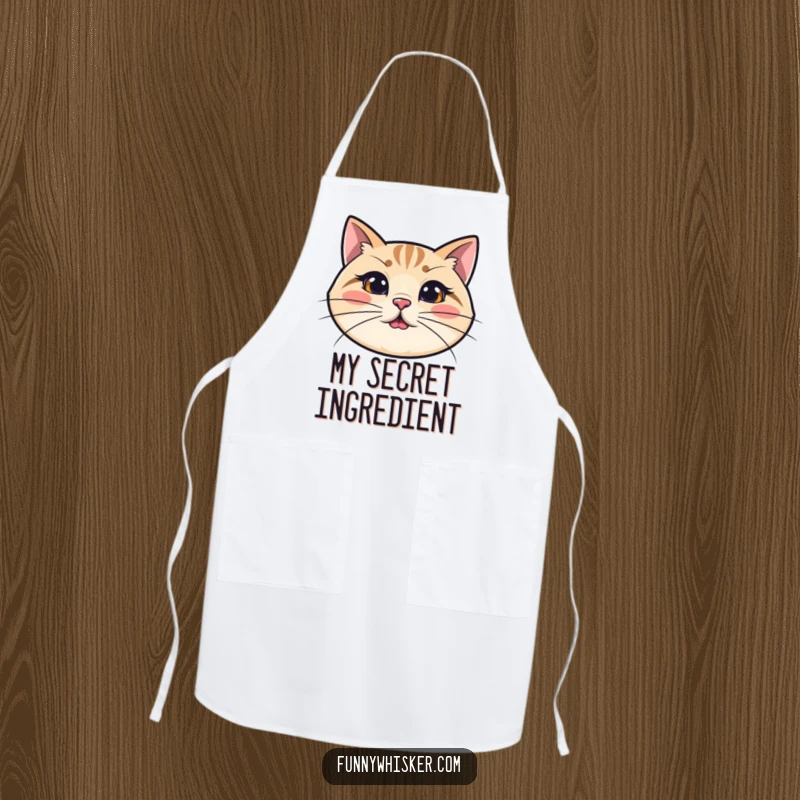 Funny cat apron with a simplified cat's head and exaggeratedly long, wiggly whiskers, designed for humorous kitchen wear.