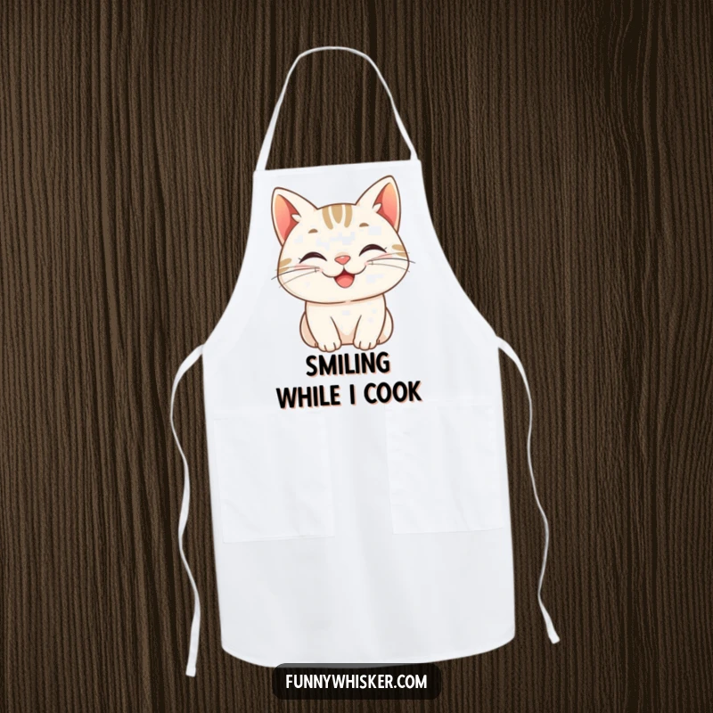 Funny apron, a cat character with whiskers curled into a cheerful grin, adding playful joy and charm to kitchen wear.