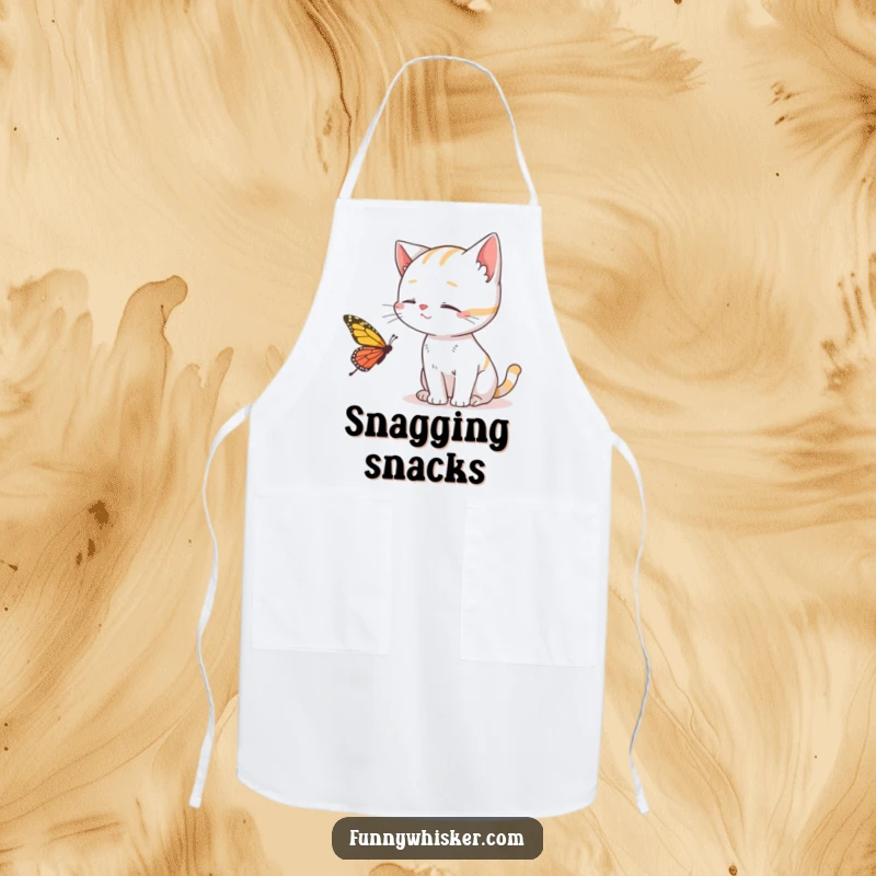 Funny Cat Apron showing a cat attempting to catch a butterfly with its whiskers, perfect for cooks and cat fans, a practical funny gift.