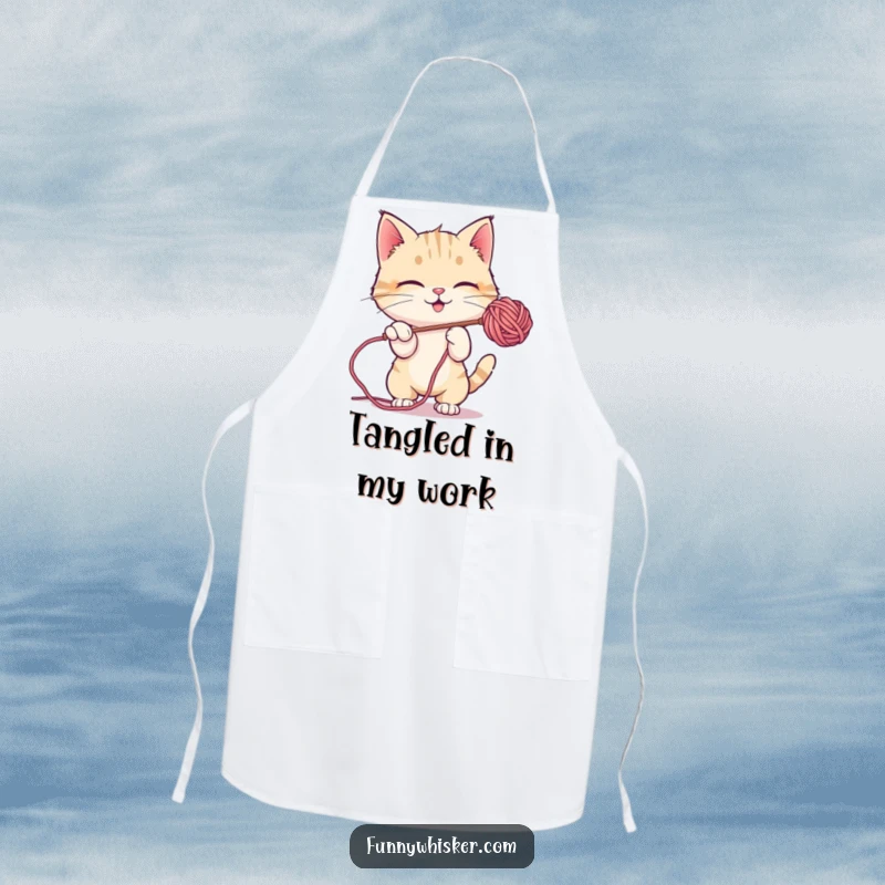 Funny Apron: A cat character mid-play, batting at a fuzzy ball of yarn while in a kitchen setting.