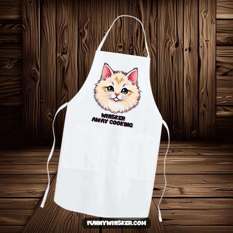 Funny apron: A tiny cat face peeking through a large, fluffy whisker tuft, adding a cute and humorous touch to cooking, a funny gift.
