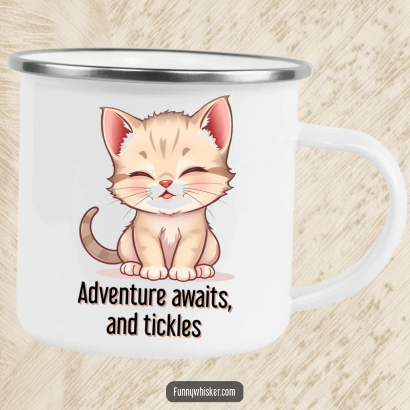 Funny camping mug featuring a playful kitten using its whiskers to tickle another cat, ideal for outdoor humor enthusiasts.