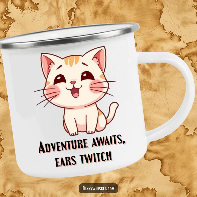 Funny camping mug with a small cat character wiggling its long whiskers in excitement, perfect for outdoor cat fans.