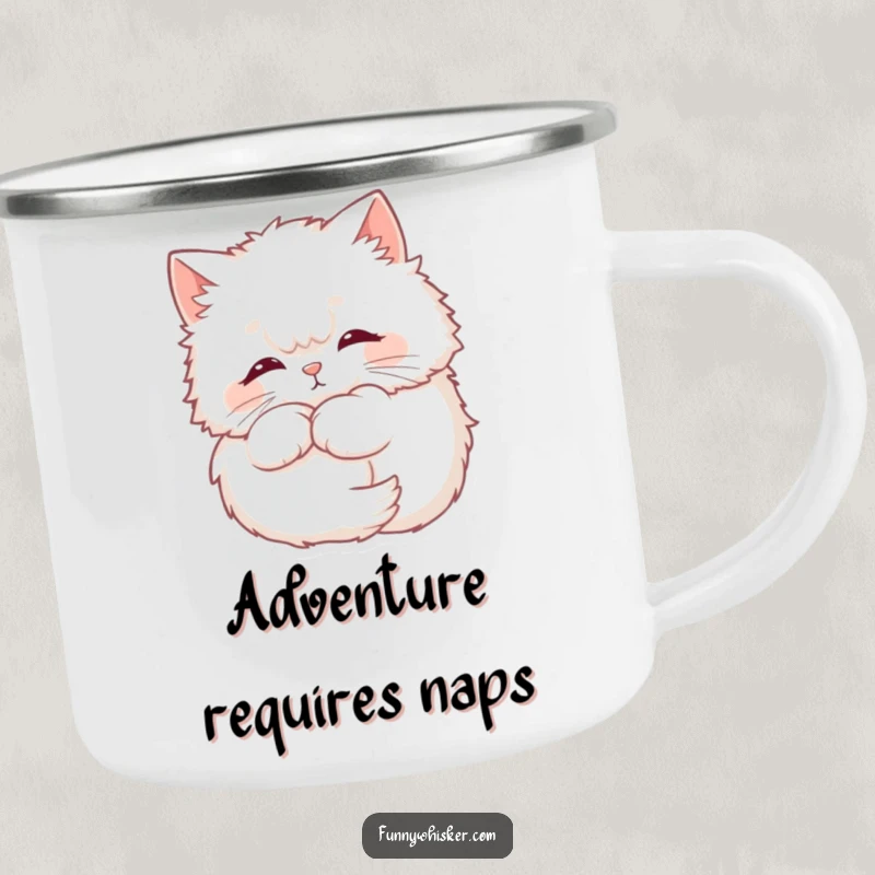Funny Cat Camping Mug showcasing a fluffy cat with a soft whisker halo, inspiring cozy outdoor moments.