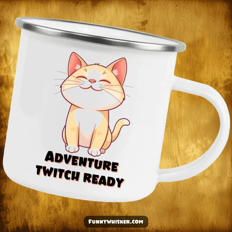 Funny cat camping mug with a giant, joyful whisker twitching mid-air, durable and ready for outdoor adventures, bringing feline happiness.