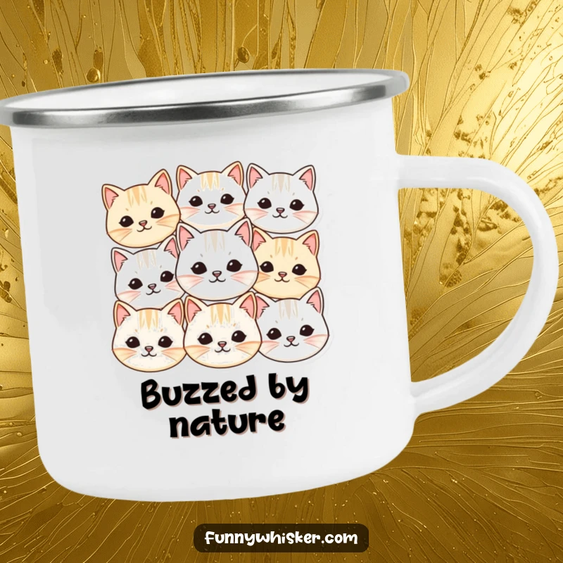 Funny camping mug with multiple small, round cat faces and vibrating whiskers, perfect for humorous and cute outdoor beverage enjoyment.