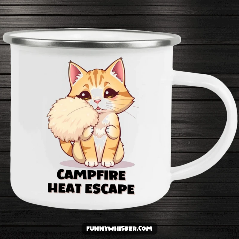 Funny camping mug of a dramatic cat fanning itself with a giant whisker, perfect for outdoor enthusiasts and as a glamorous, humorous gift.