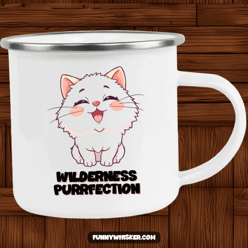 Funny camping mug with a fluffy cat character, oversized whiskers comically wiggling with pure delight, adding charm to trips.