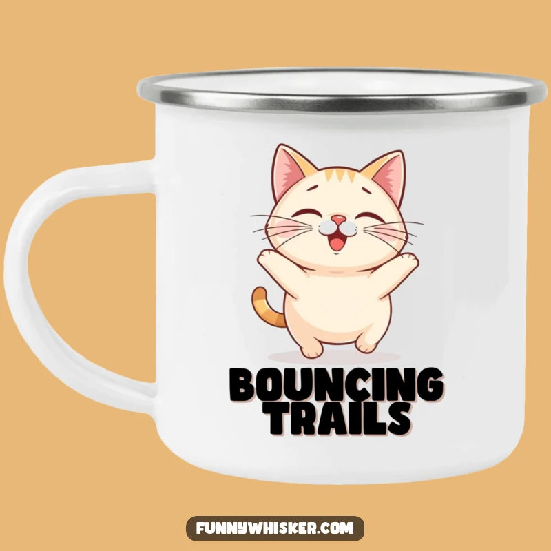 Funny Cat Bounce Camping Mug: Chubby Feline Hopping, Outdoor Humor Gift