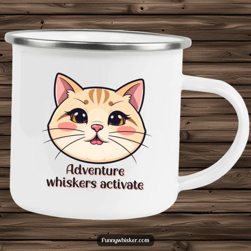 Funny cat camping mug with a simplified cat's head and exaggeratedly long, wiggly whiskers, ideal for humorous outdoor beverages.