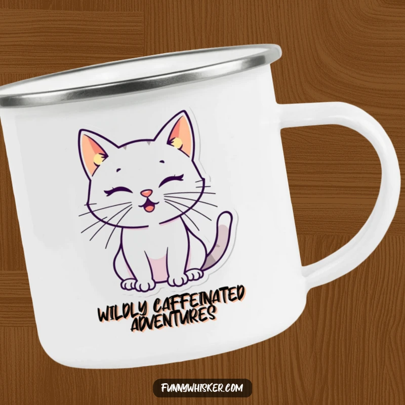 Funny cat camping mug with a stylized silhouette and oversized, energetic whiskers, perfect for humorous outdoor beverage enjoyment.
