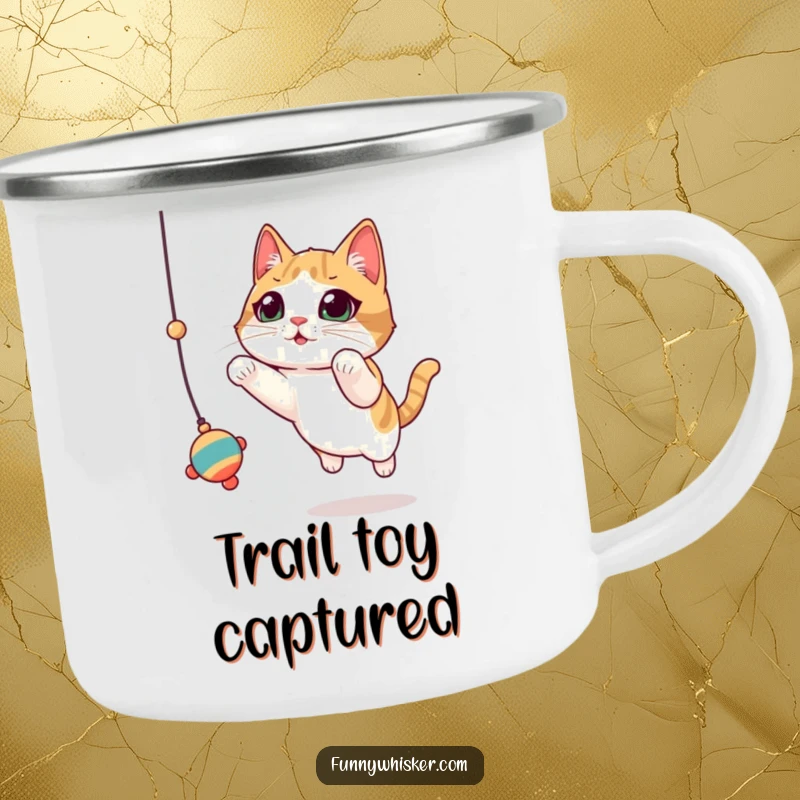 Funny Cat Camping Mug: Cat with oversized, twitching whiskers leaps for a dangling toy, perfect for outdoor fun.