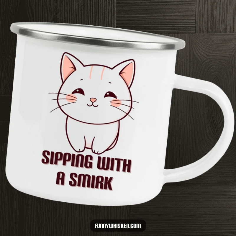 Funny camping mug with a single, bold, playful curved line as a cat whisker, perfect for humorous and minimalist outdoor drinks.