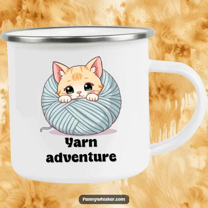 Funny cat camping mug showing a curious cat peeking from behind a large ball of yarn, whiskers twitching, ready for adventure.
