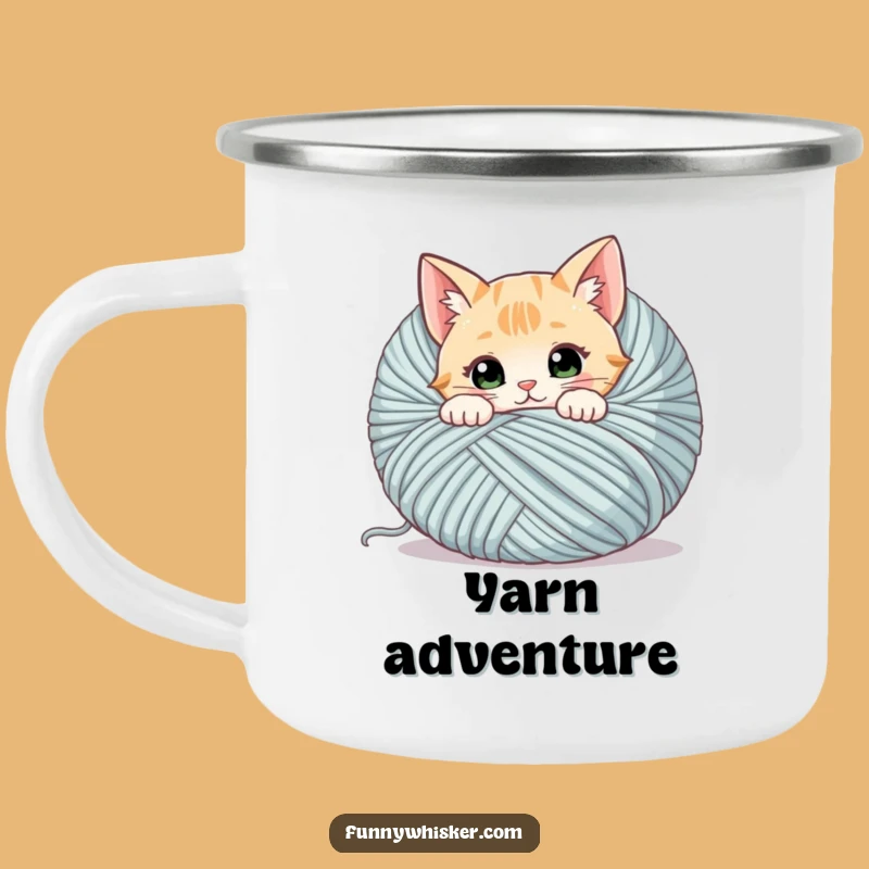 Funny Cat Yarn Camping Mug: Curious Kitty Peeking, Outdoor Humor Gift