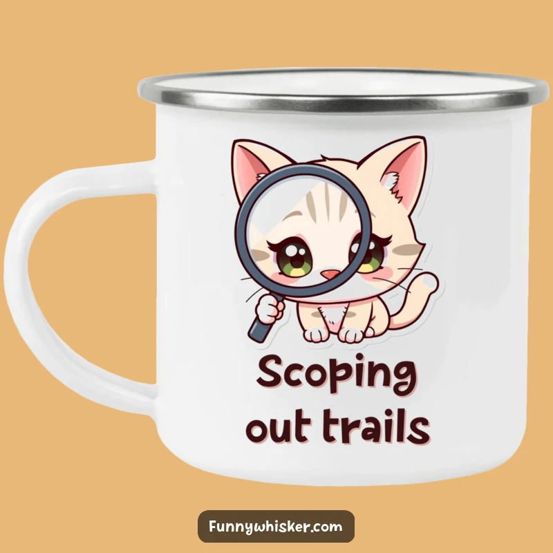 Funny Curious Cat Camping Mug: Explore Outdoors - Adventurous Gift!
