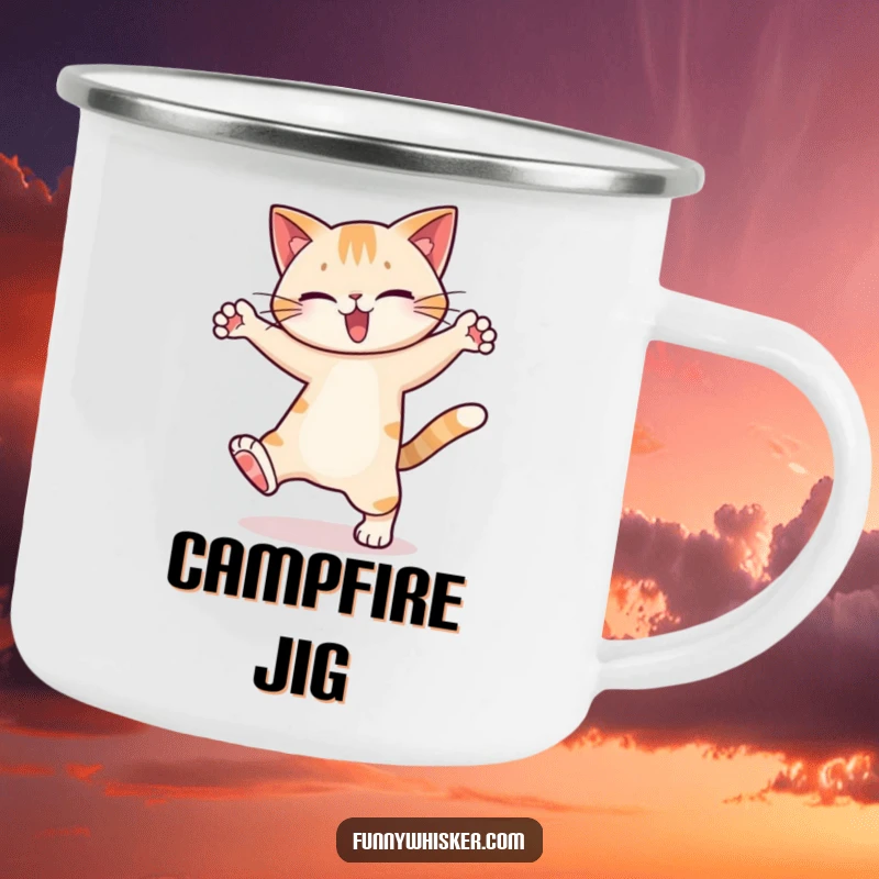 Funny Camping Mug: A cat character performing a silly dance with exaggerated leg movements in an outdoor setting.