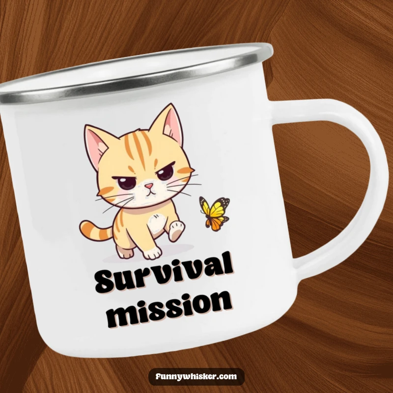 Funny cat camping mug showing a determined character, whiskers pointed forward, chasing a tiny butterfly, perfect for focused outdoor fun.