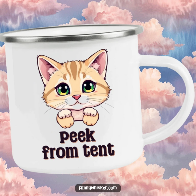 Funny camping mug showcasing a cat peeking from behind huge, fluffy whiskers, with sparkling eyes, perfect for outdoor enjoyment with humor.