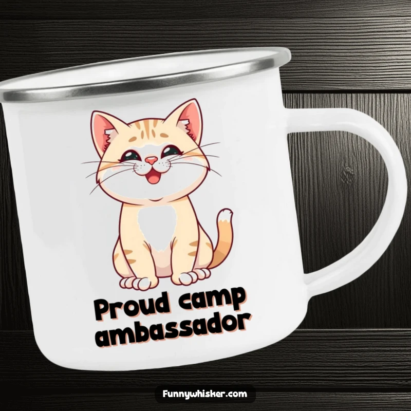 Funny camping mug of a proud cat striking a pose with playfully twitching whiskers, perfect for outdoor enthusiasts and as a confident, humorous gift.
