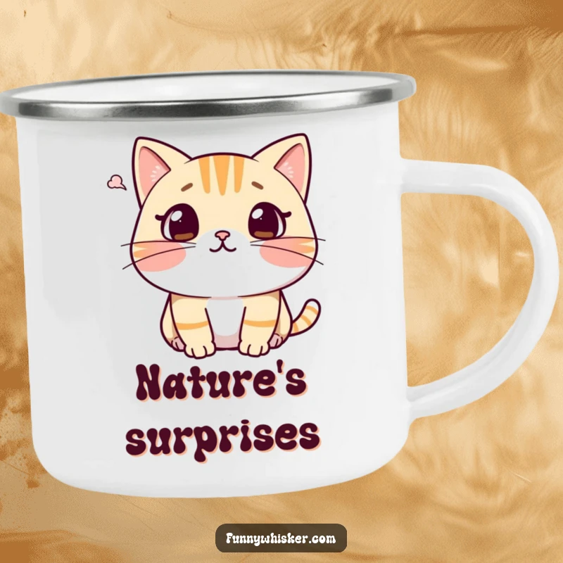 Funny cat camping mug showing a character with a surprised expression, whiskers recoiling from a puff of air, perfect for rugged humor.