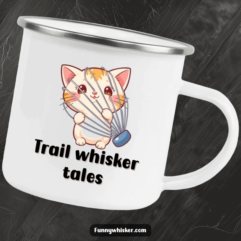 Funny enamel camping mug with a small cat peeking from behind a large whisk, perfect for outdoor adventures.