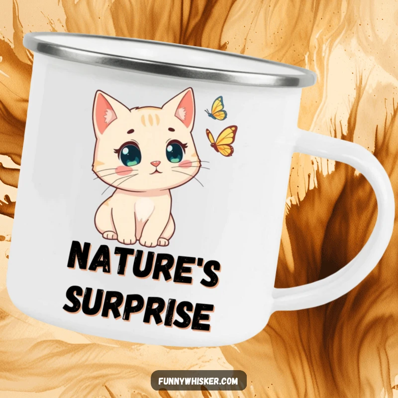 Funny enamel camping mug, cat with windswept whiskers, surprised by a butterfly. Rugged and humorous, a great funny gift.
